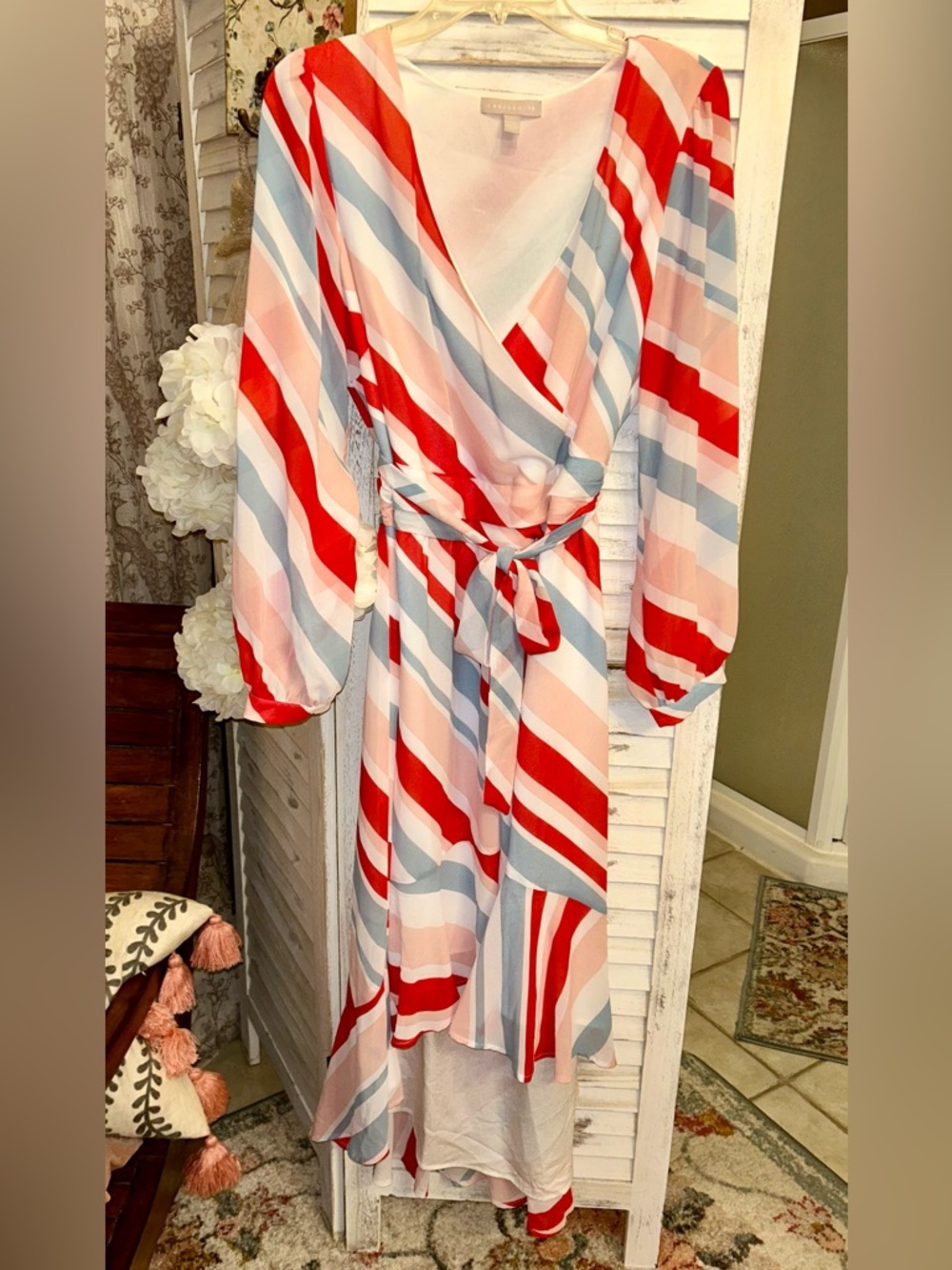 Striped Wrap Midi Dress in Red, Pink & Blue